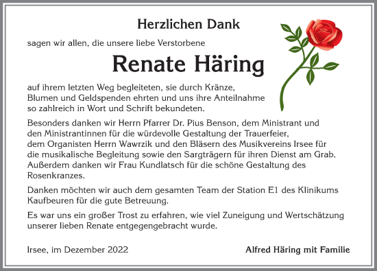 Traueranzeige von Renate Häring von Allgäuer Zeitung, Kaufbeuren/Buchloe