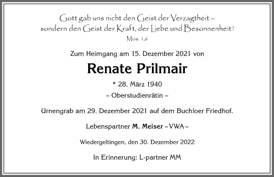 Traueranzeige von Renate Prilmair von Allgäuer Zeitung, Kaufbeuren/Buchloe