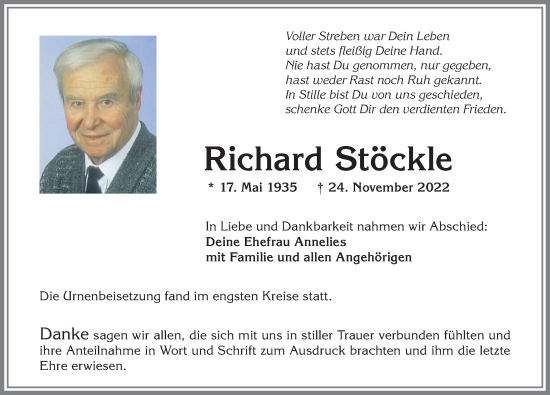 Traueranzeige von Richar Stöckle von Allgäuer Zeitung, Kaufbeuren/Buchloe