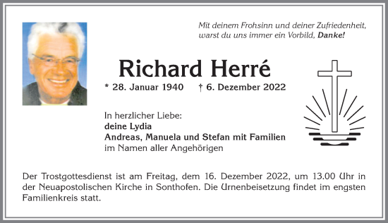 Traueranzeige von Richard Herre von Allgäuer Anzeigeblatt