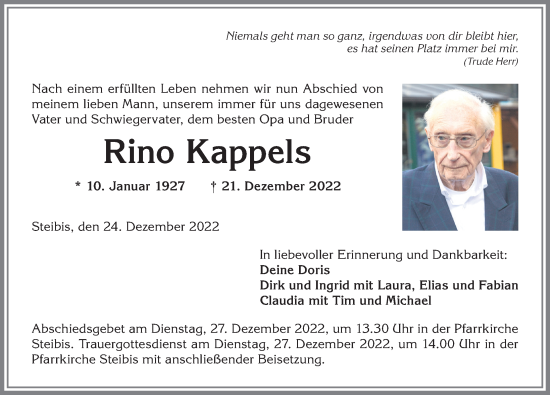 Traueranzeige von Rino Kappels von Allgäuer Anzeigeblatt