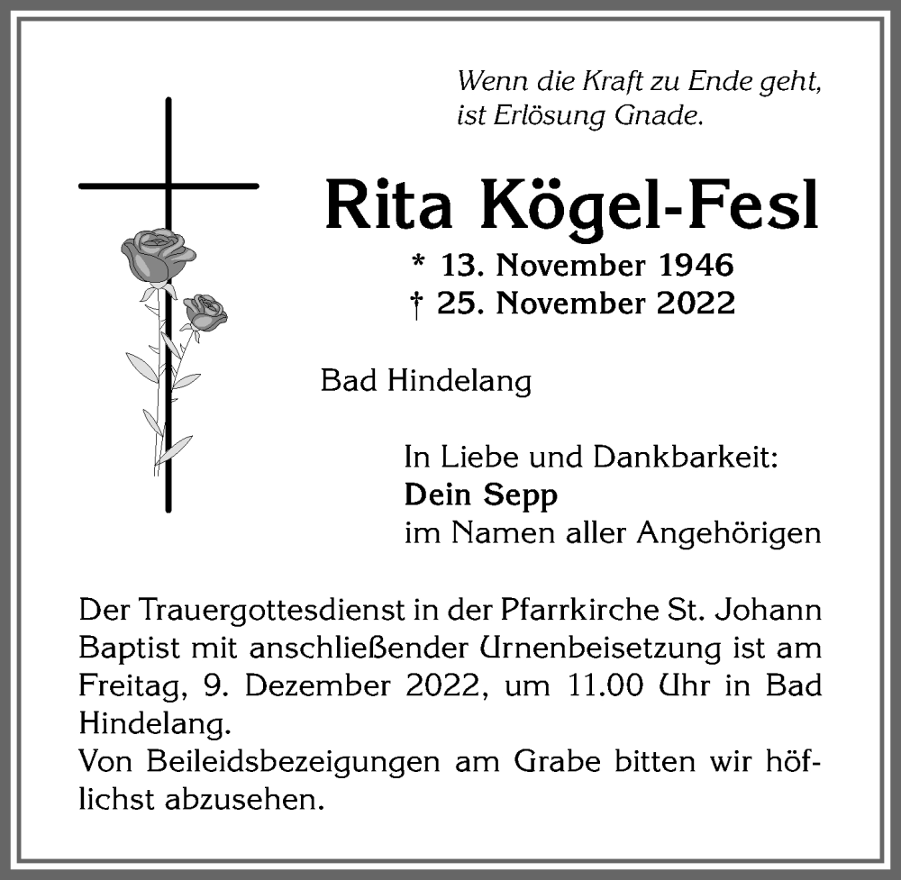  Traueranzeige für Rita Kögel-Fesl vom 06.12.2022 aus Allgäuer Anzeigeblatt