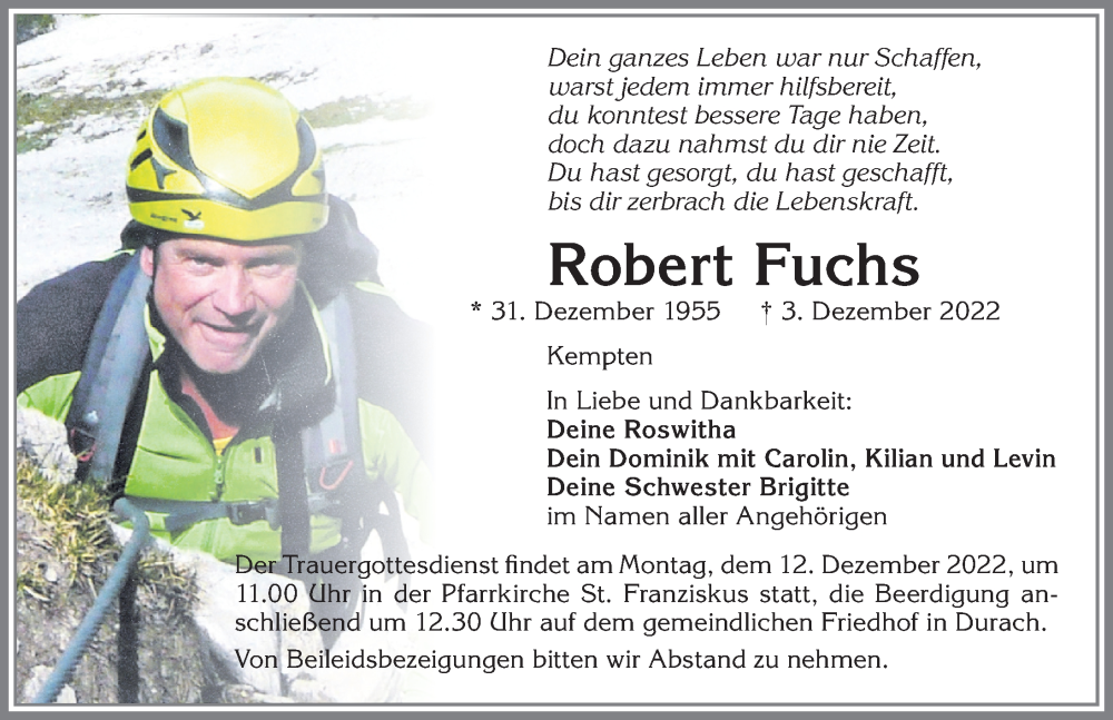  Traueranzeige für Robert Fuchs vom 06.12.2022 aus Allgäuer Zeitung,Kempten