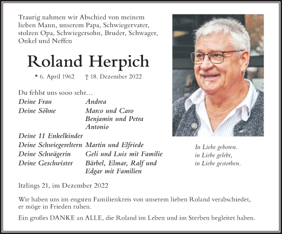 Traueranzeige von Roland Herpich von Der Westallgäuer