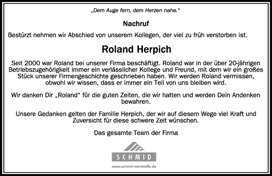 Traueranzeige von Roland Herpich von Der Westallgäuer