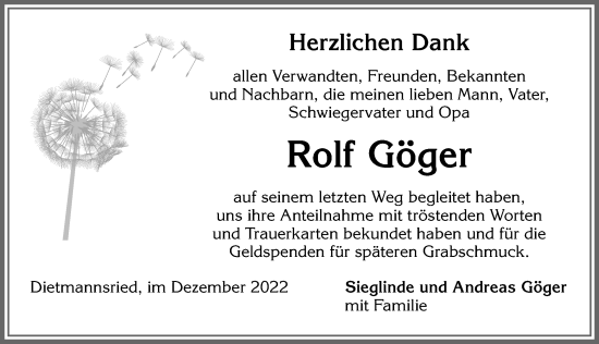 Traueranzeige von Rolf Göger von Allgäuer Zeitung,Kempten