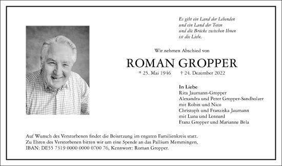 Traueranzeige von Roman Gropper von Memminger Zeitung