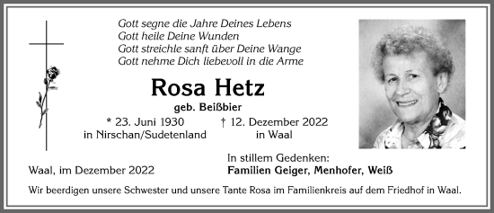Traueranzeige von Rosa Hetz von Allgäuer Zeitung, Kaufbeuren/Buchloe