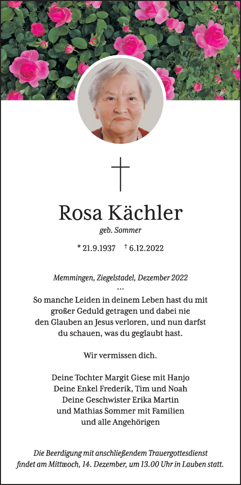 Traueranzeige von Rosa Kächler von Memminger Zeitung