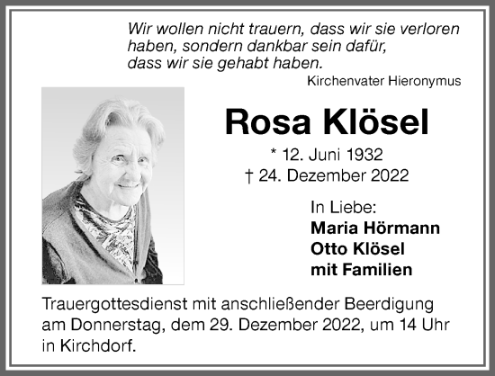 Traueranzeige von Rosa Klösel von Memminger Zeitung