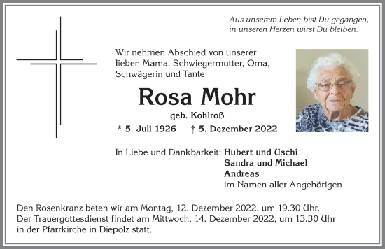 Traueranzeige von Rosa Mohr von Allgäuer Anzeigeblatt