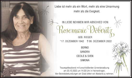 Traueranzeige von Rosemarie Döberitz von Memminger Zeitung