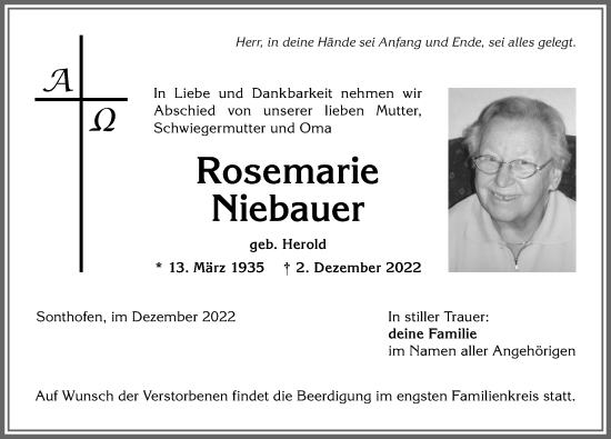 Traueranzeige von Rosemarie Niebauer von Allgäuer Anzeigeblatt