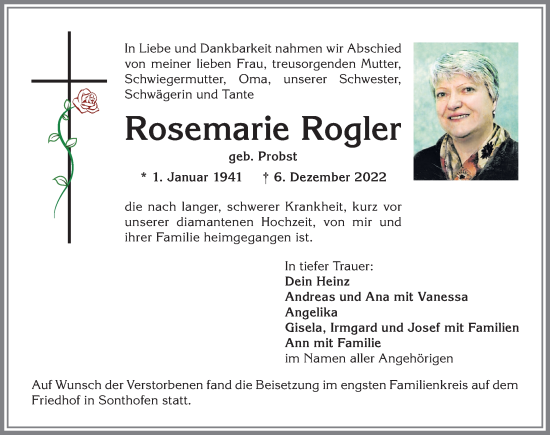 Traueranzeige von Rosemarie Rogler von Allgäuer Anzeigeblatt