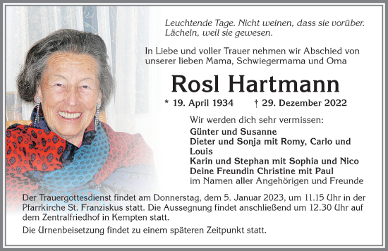 Traueranzeige von Rosl Hartmann von Allgäuer Zeitung,Kempten
