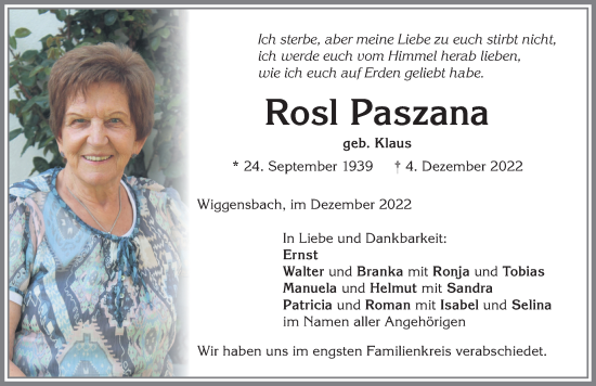 Traueranzeige von Rosl Paszana von Allgäuer Zeitung,Kempten