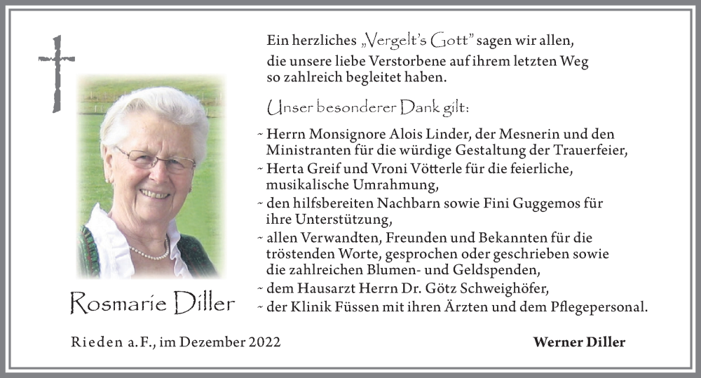  Traueranzeige für Rosmarie Diller vom 16.12.2022 aus Allgäuer Zeitung, Füssen