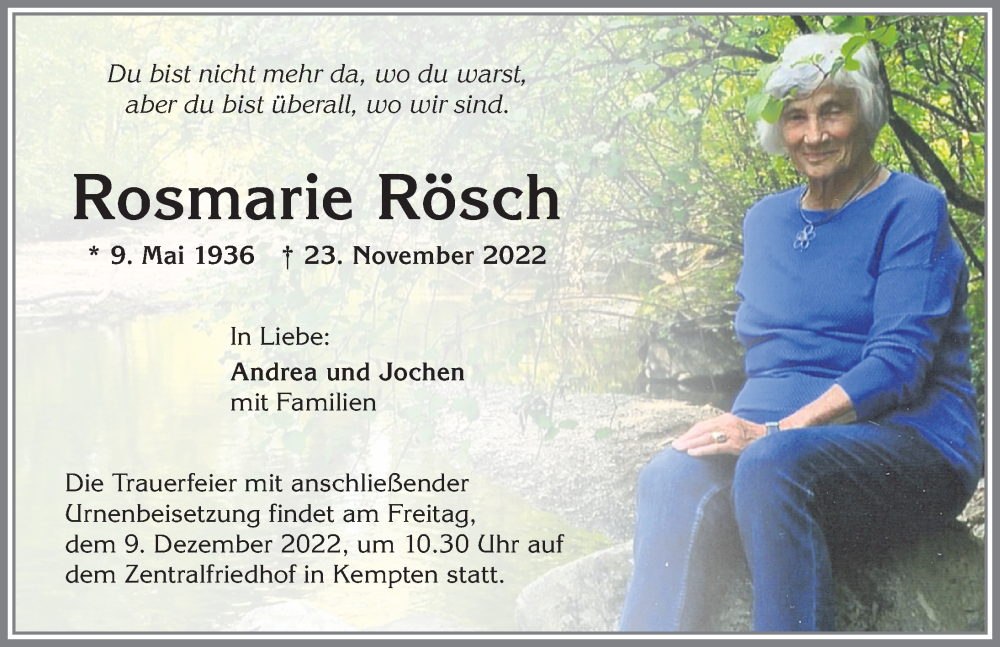  Traueranzeige für Rosmarie Rösch vom 03.12.2022 aus Allgäuer Zeitung,Kempten