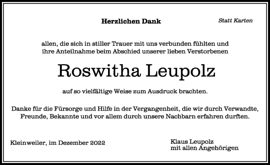 Traueranzeige von Roswitha Leupolz von Allgäuer Zeitung,Kempten