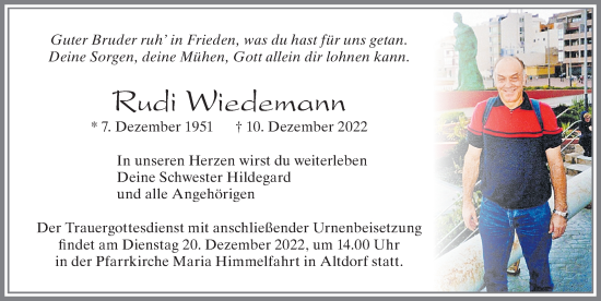 Traueranzeige von Rudi Wiedemann von Allgäuer Zeitung, Marktoberdorf