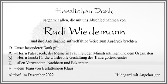 Traueranzeige von Rudi Wiedemann von Allgäuer Zeitung, Marktoberdorf