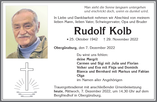 Traueranzeige von Rudolf Kolb von Allgäuer Zeitung, Marktoberdorf