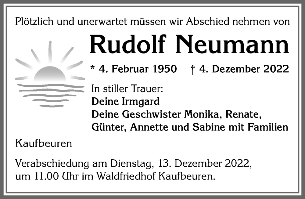  Traueranzeige für Rudolf Neumann vom 08.12.2022 aus Allgäuer Zeitung, Kaufbeuren/Buchloe