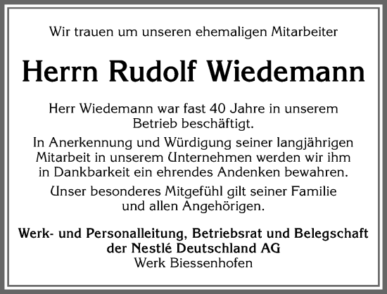 Traueranzeige von Rudolf Wiedemann von Allgäuer Zeitung, Marktoberdorf