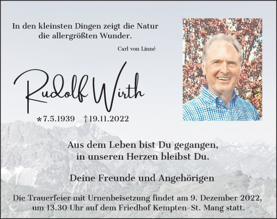 Traueranzeige von Rudolf Wirth von Allgäuer Zeitung,Kempten