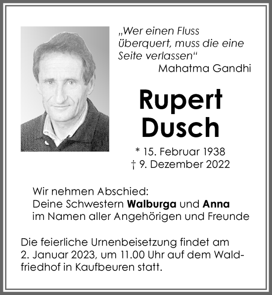 Traueranzeige von Rupert Dusch von Allgäuer Zeitung, Kaufbeuren/Buchloe