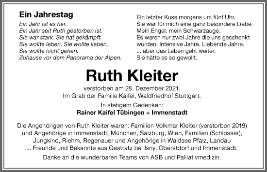 Traueranzeige von Ruth Kleiter von Allgäuer Anzeigeblatt