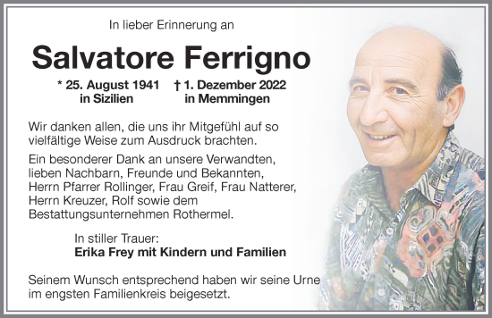 Traueranzeige von Salvatore Ferrigno von Memminger Zeitung