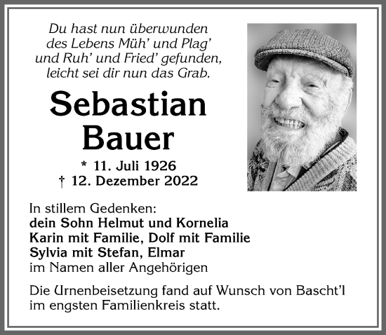 Traueranzeige von Sebastian Bauer von Allgäuer Zeitung,Kempten