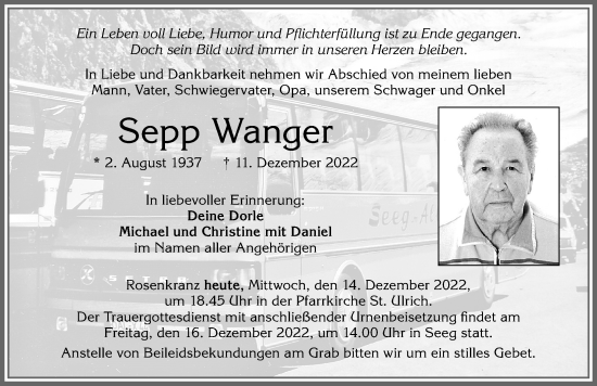 Traueranzeige von Sepp Wanger von Allgäuer Zeitung, Füssen