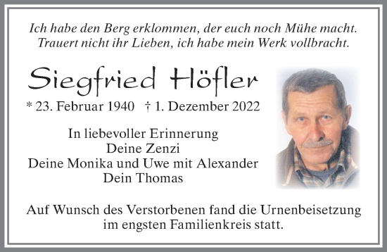 Traueranzeige von Siegfried Höfler von Allgäuer Zeitung, Marktoberdorf