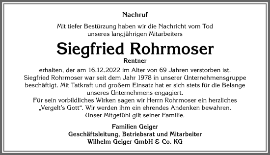 Traueranzeige von Siegfried Rohrmoser von Allgäuer Anzeigeblatt