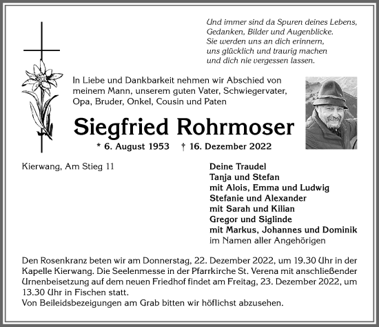 Traueranzeige von Siegfried Rohrmoser von Allgäuer Anzeigeblatt