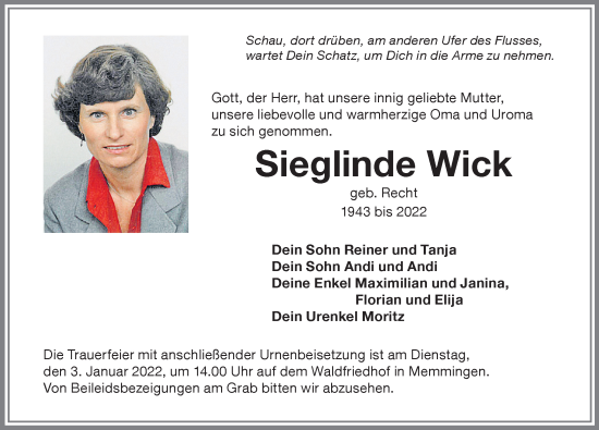 Traueranzeige von Sieglinde Wick von Memminger Zeitung