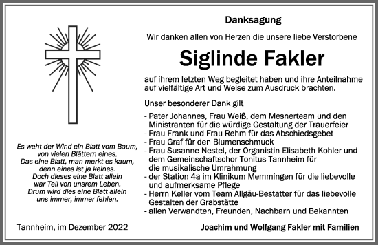 Traueranzeige von Siglinde Fakler von Memminger Zeitung