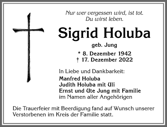 Traueranzeige von Sigrid Holuba von Allgäuer Zeitung, Kaufbeuren/Buchloe