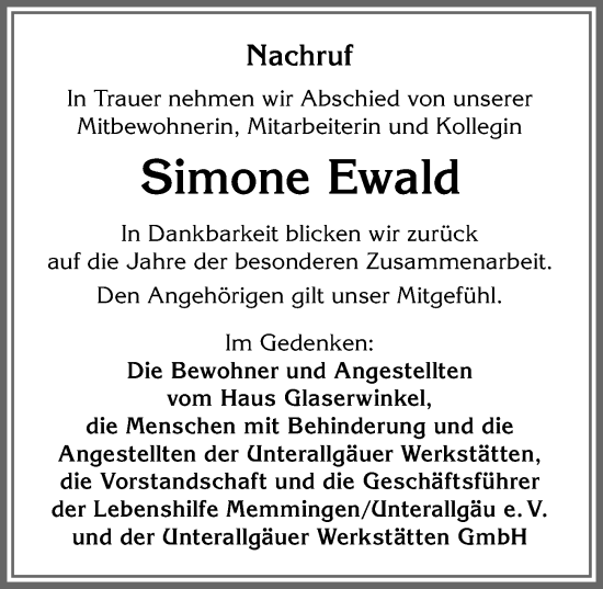 Traueranzeige von Simone Ewald von Memminger Zeitung