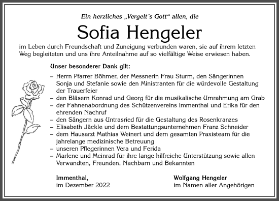 Traueranzeige von Sofia Hengeler von Allgäuer Zeitung, Marktoberdorf