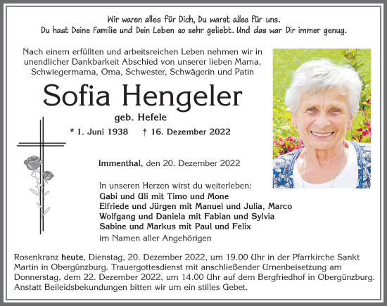 Traueranzeige von Sofia Hengeler von Allgäuer Zeitung, Marktoberdorf