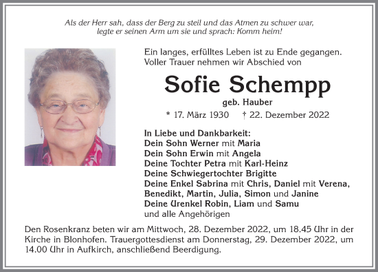 Traueranzeige von Sofie Schempp von Allgäuer Zeitung, Kaufbeuren/Buchloe