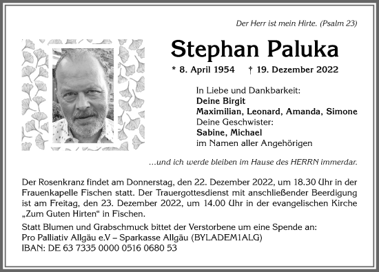 Traueranzeige von Stephan Paluka von Allgäuer Anzeigeblatt