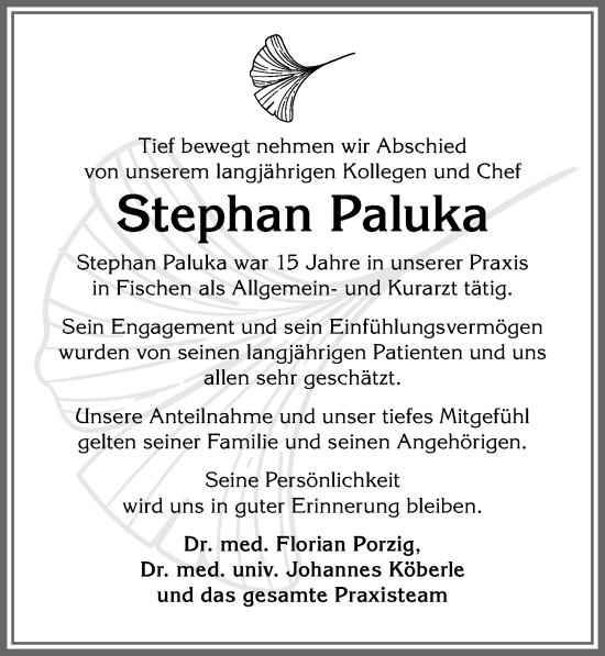 Traueranzeige von Stephan Paluka von Allgäuer Anzeigeblatt