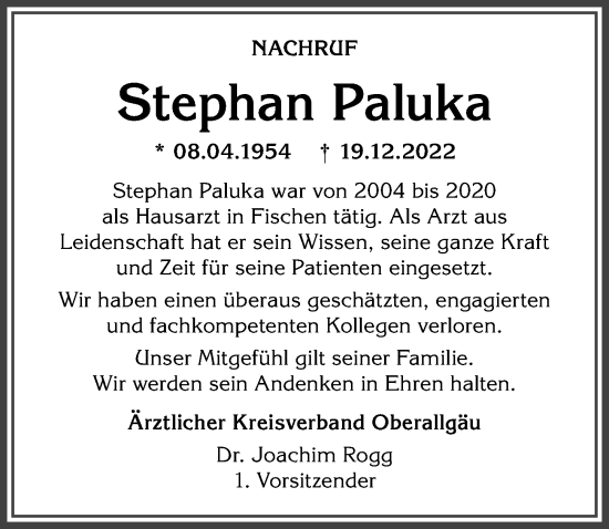 Traueranzeige von Stephan Paluka von Allgäuer Anzeigeblatt