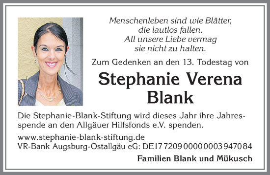 Traueranzeige von Stephanie Verena Blank von Allgäuer Zeitung, Kaufbeuren/Buchloe