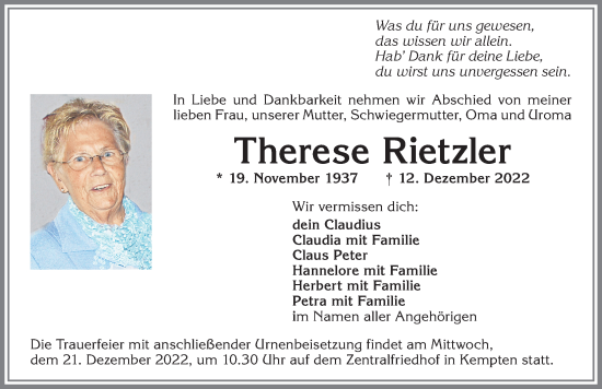 Traueranzeige von Therese Rietzler von Allgäuer Zeitung,Kempten