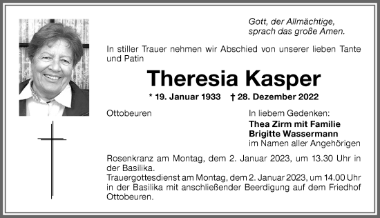 Traueranzeige von Theresia Kasper von Memminger Zeitung
